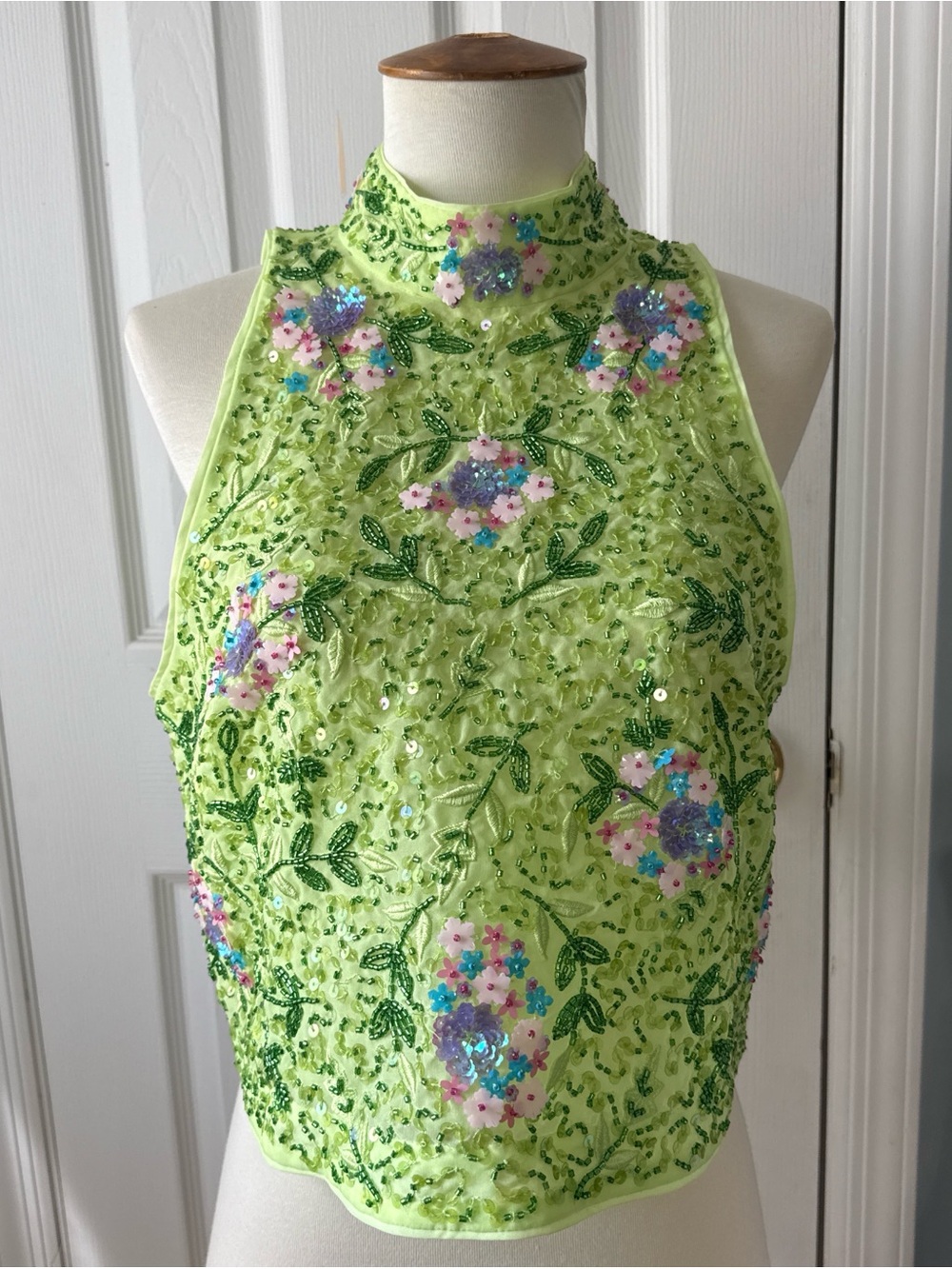 & Other Stories Lime Green High Neck Beaded Floral Camisole